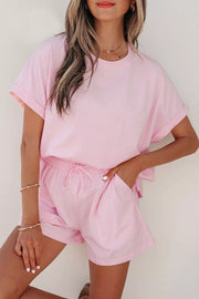 Pink striped cotton tee and drawstring shorts set with cuffed sleeves and pockets