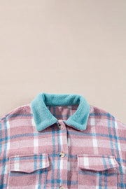 Pastel plaid shacket in dusty pink with blue fuzzy contrast collar and button front.