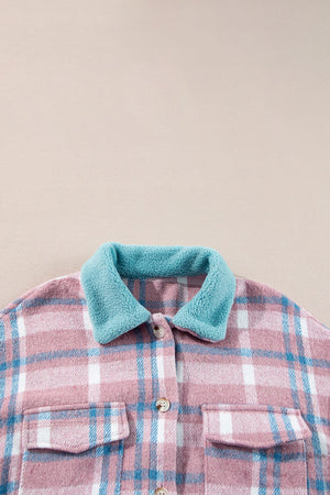 Pastel plaid shacket in dusty pink with blue fuzzy contrast collar and button front.