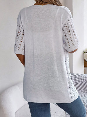 White open-knit chevron sleeve cardigan with a relaxed fit.