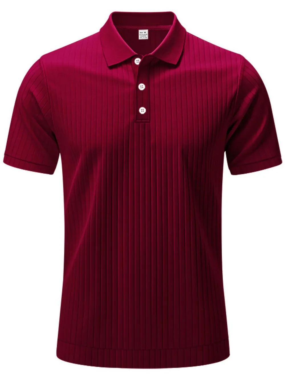 Burgundy ribbed polo shirt with short sleeves and a three-button placket.