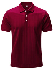 Burgundy ribbed polo shirt with short sleeves and a three-button placket.