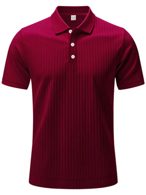Burgundy ribbed polo shirt with short sleeves and a three-button placket.