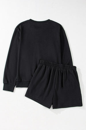 Black cotton sweatshirt and shorts set with elastic waistband.