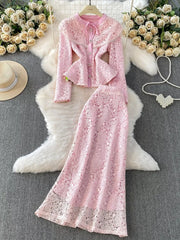 Blush pink lace peplum two-piece ensemble with button front and flared sleeves