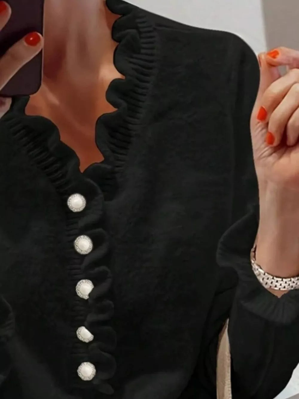 Ruffled Pearl Button Sweater in Black, side view