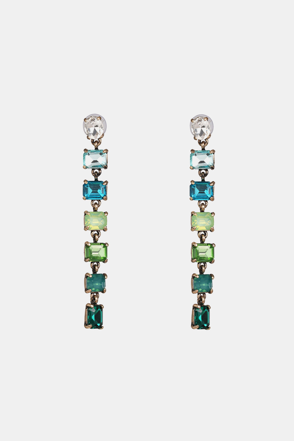 Ombre gemstone cascade earrings with rectangular green and blue stones and a clear top gem.