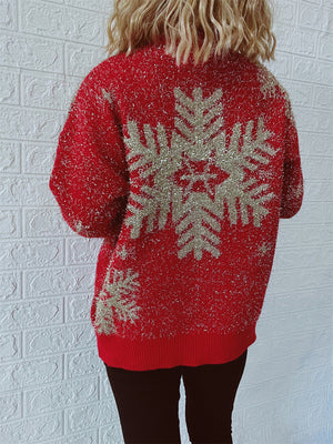 Red acrylic knit sweater with glittery snowflake pattern, crew neck, long sleeves.