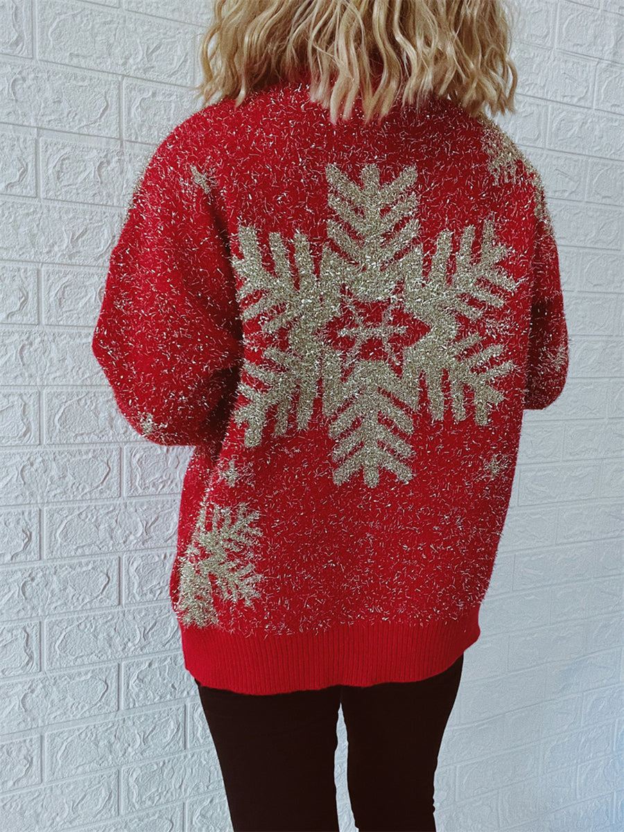 Red acrylic knit sweater with glittery snowflake pattern, crew neck, long sleeves.