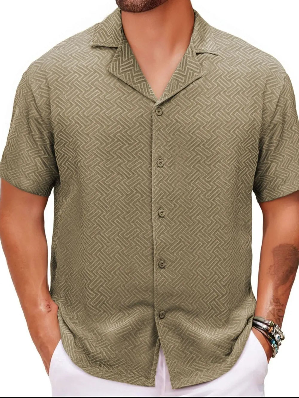 Textured resort collar shirt in Moss with geometric pattern and button front.