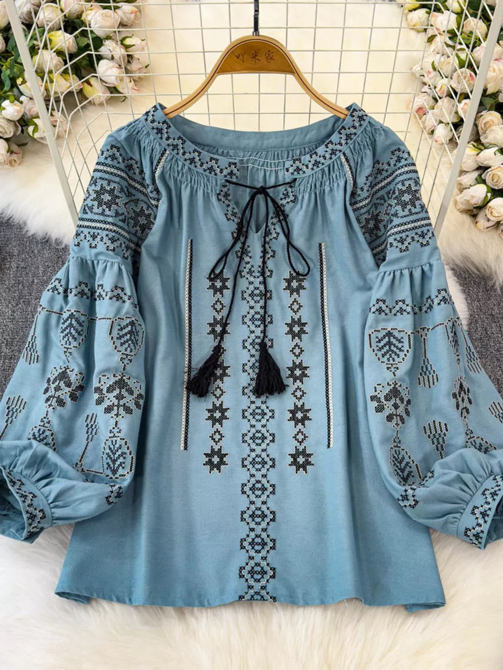 Bohemian Embroidered Blouse With Tassel Tie in White, back view