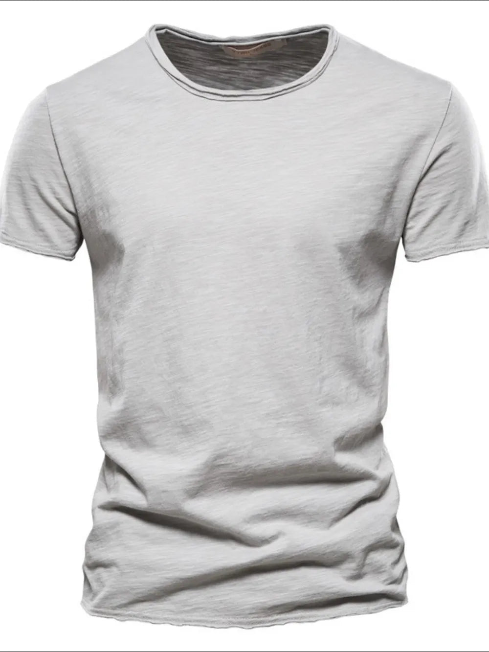 Gray textured slub cotton crewneck tee with short sleeves and a raw hem.