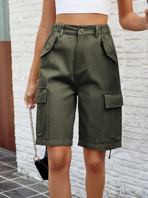 Army green denim cargo bermuda shorts with buttoned flap pockets.