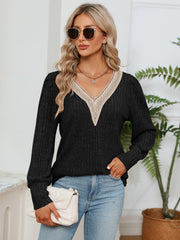 Black ribbed knit sweater with crochet trim V-neck and long sleeves