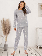 Heather Gray Starry Night Knit Loungewear Set with crew neck long sleeve top and jogger pants.