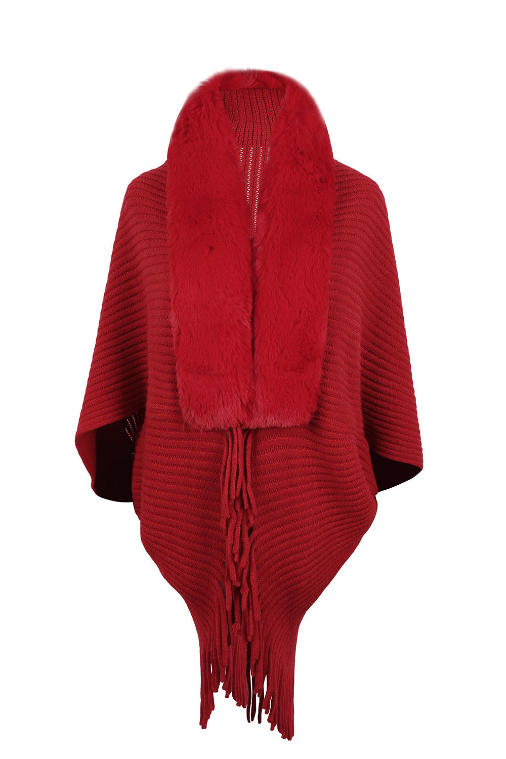 Red knit cape with faux fur collar and fringe detail
