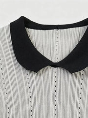 Gray maternity t-shirt with black Peter Pan collar and eyelet details