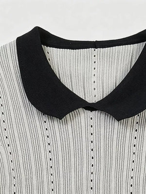 Gray maternity t-shirt with black Peter Pan collar and eyelet details