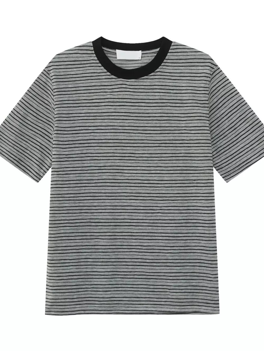 Essential striped crew neck t-shirt in grey cotton with black stripes and a black ribbed collar.