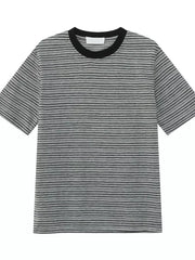 Essential striped crew neck t-shirt in grey cotton with black stripes and a black ribbed collar.