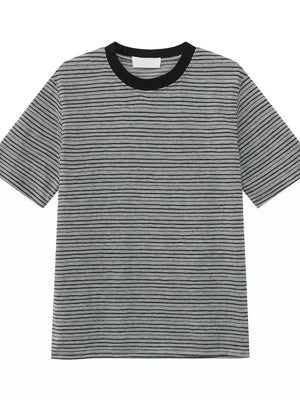 Essential striped crew neck t-shirt in grey cotton with black stripes and a black ribbed collar.