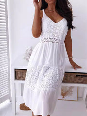 White lace trim V-neck cami dress with tiered skirt and crochet detail.