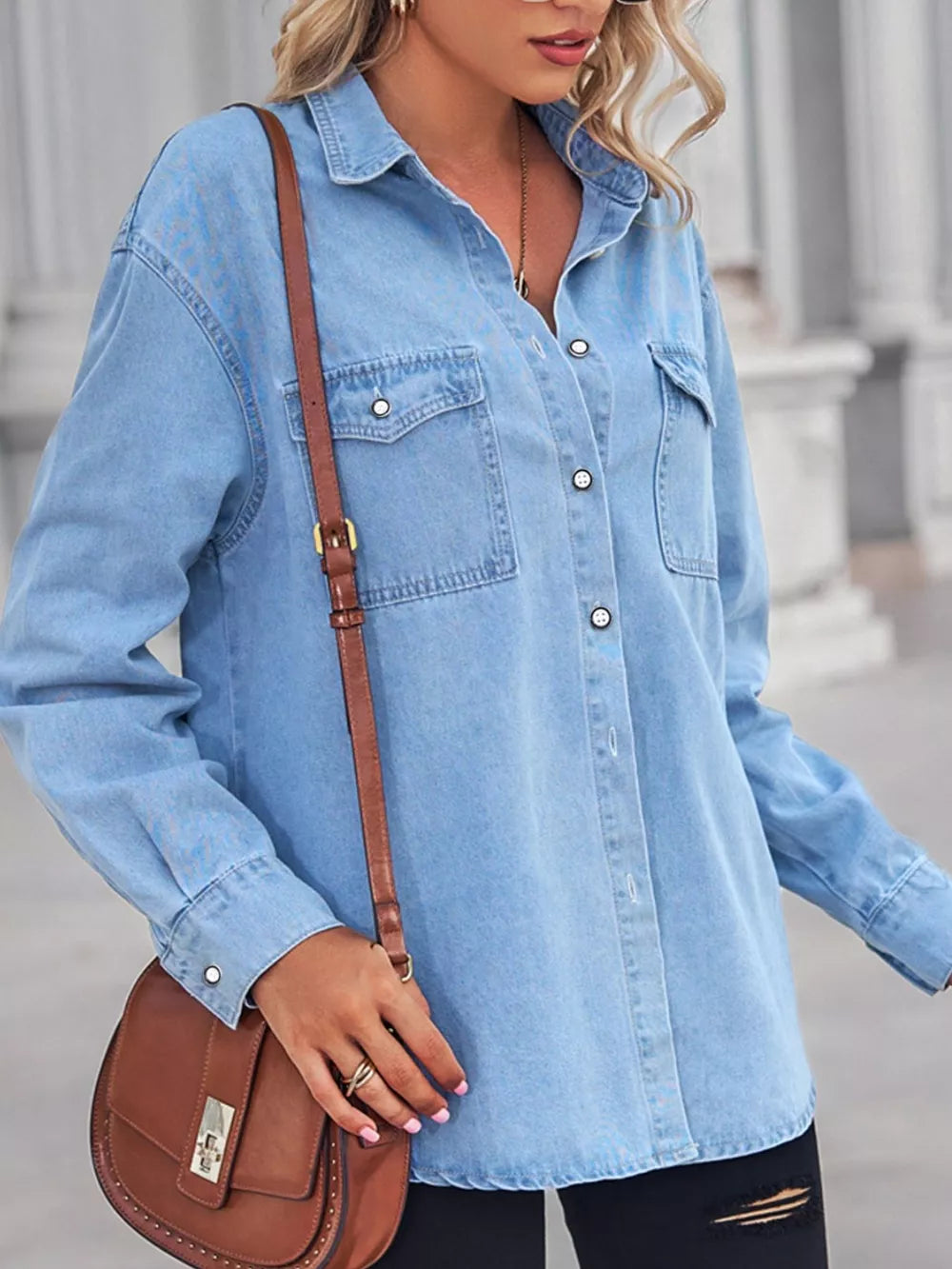 Light blue washed denim maternity overshirt with snap pockets and classic collar.