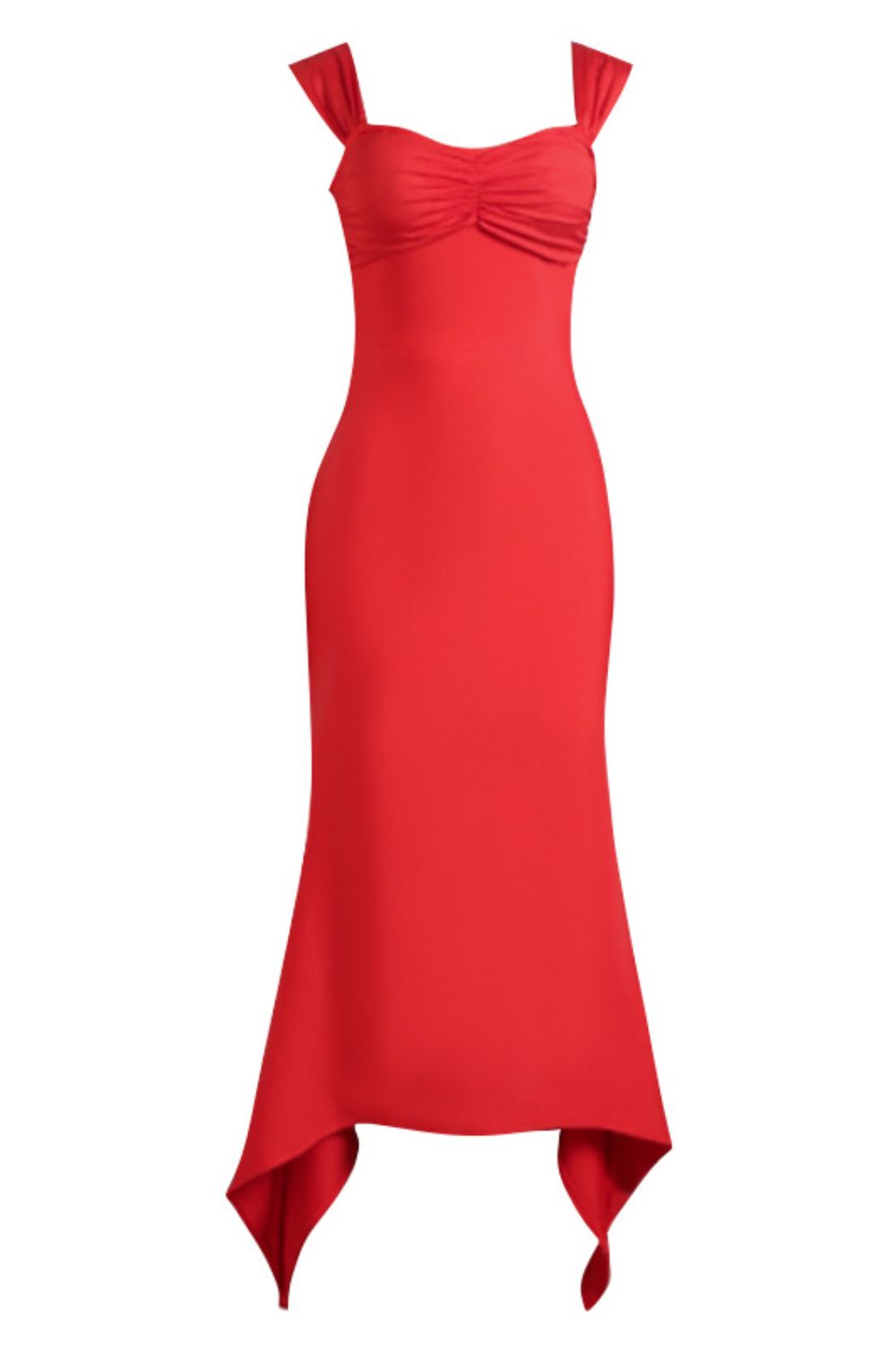 Red ruched bustier gown with sweetheart neckline and asymmetric hemline