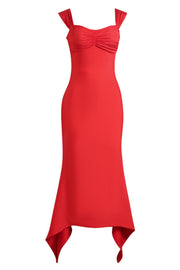 Red ruched bustier gown with sweetheart neckline and asymmetric hemline