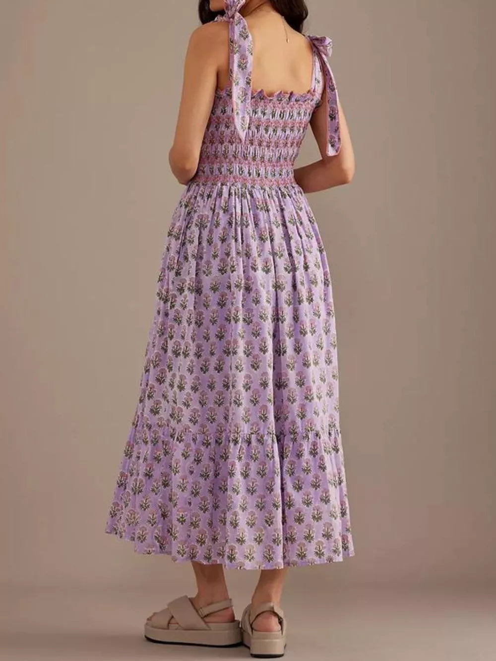 Lilac floral midi dress with smocked bodice and tie straps