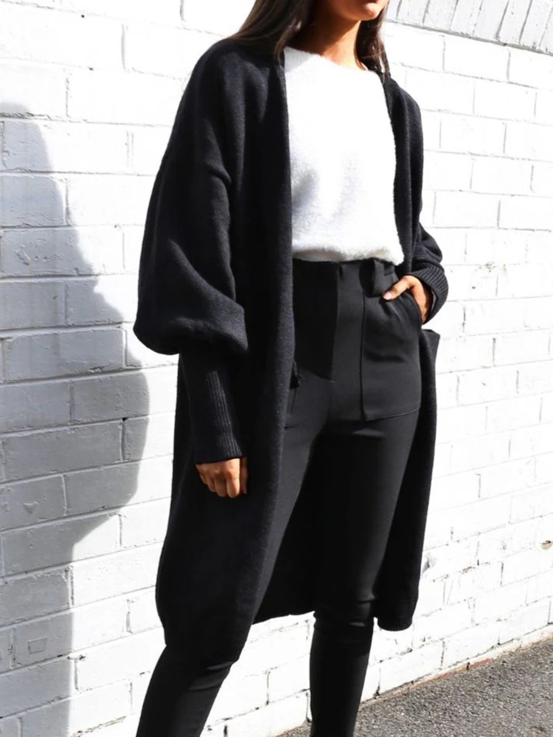 Black acrylic maxi cardigan with balloon sleeves and open front