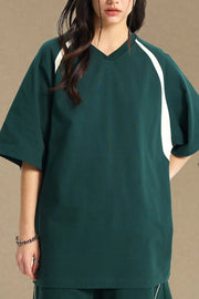 Dark Green V-neck raglan tee with white contrast stripes on sleeves.
