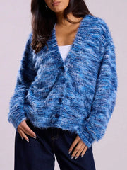 Blue textured knit button-down cardigan with V-neck and fuzzy yarn details