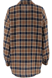 Oversized brown plaid button-up shirt jacket with a collared neckline and long sleeves.