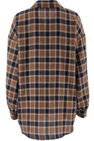 Oversized brown plaid button-up shirt jacket with a collared neckline and long sleeves.