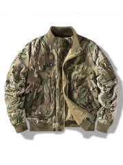 Men's bomber jacket in green camouflage pattern with full zip and ribbed collar.