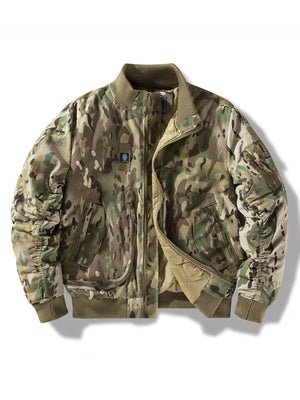 Men's bomber jacket in green camouflage pattern with full zip and ribbed collar.