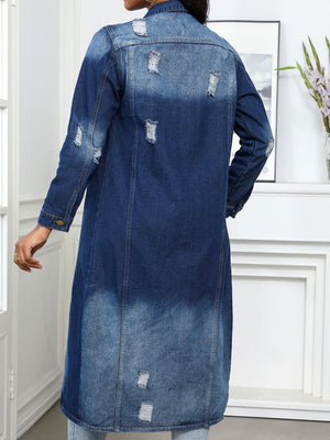 Distressed denim maxi jacket in medium wash with gold button detail and collared neckline.
