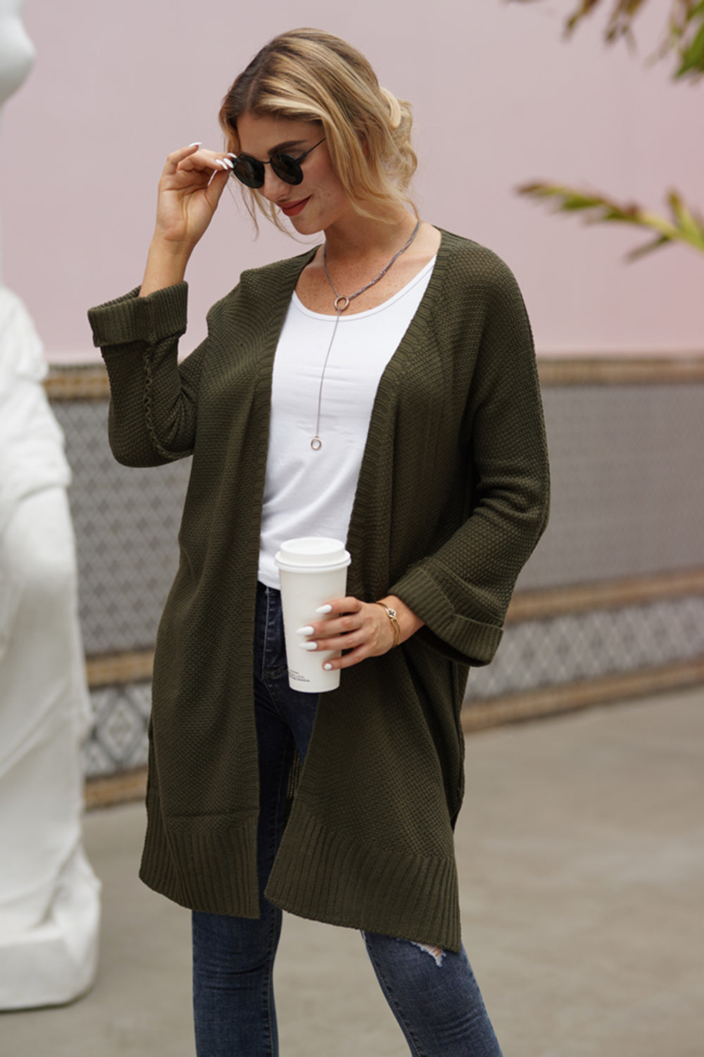 Army green textured open-front maxi knit cardigan with cuffed sleeves.