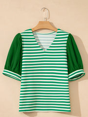 Green and white striped v-neck shirt with puff sleeves