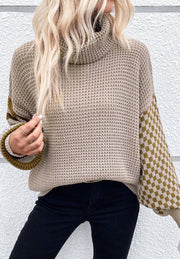 Checkerboard & stripe sleeve knit turtleneck sweater in mocha with a cozy turtleneck and waffle knit texture.