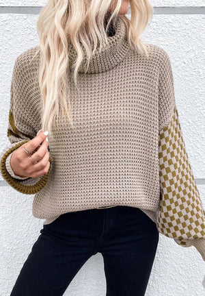 Checkerboard & stripe sleeve knit turtleneck sweater in mocha with a cozy turtleneck and waffle knit texture.