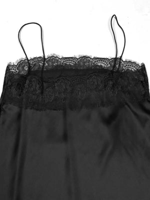 Black satin cami top with delicate lace trim and adjustable spaghetti straps.