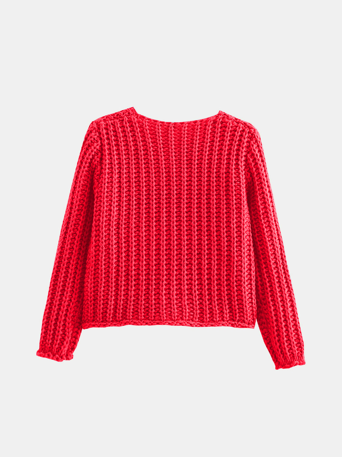 Deep Red chunky knit cardigan with statement buttons, acrylic, long sleeves, crew neck.