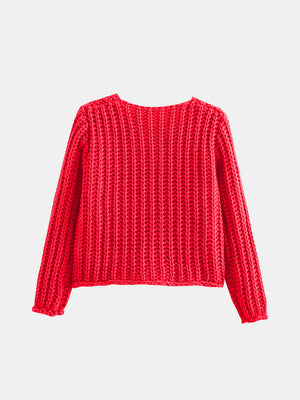 Deep Red chunky knit cardigan with statement buttons, acrylic, long sleeves, crew neck.