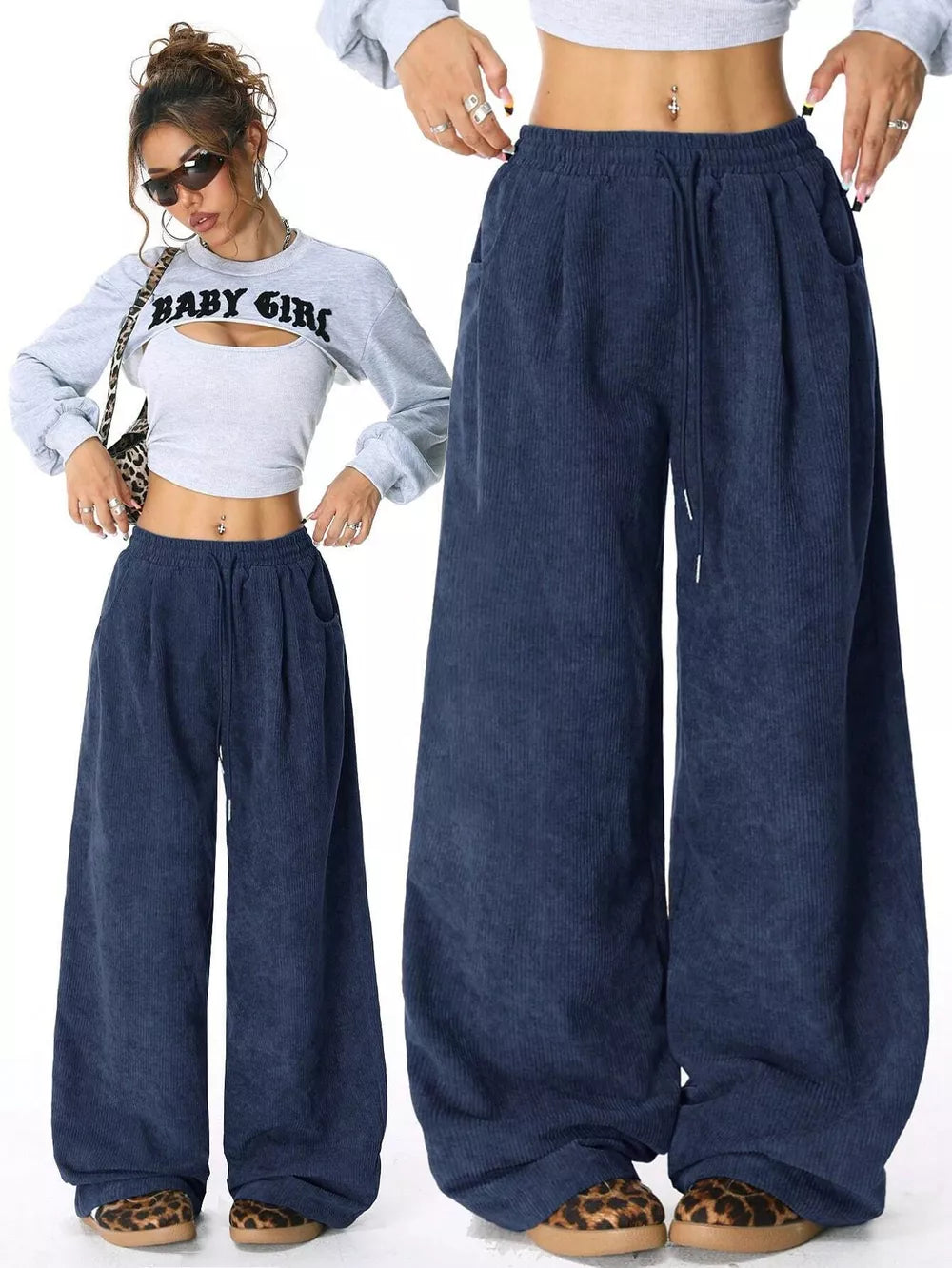 Dark blue corduroy maternity cargo pants with wide legs and drawstring waist.