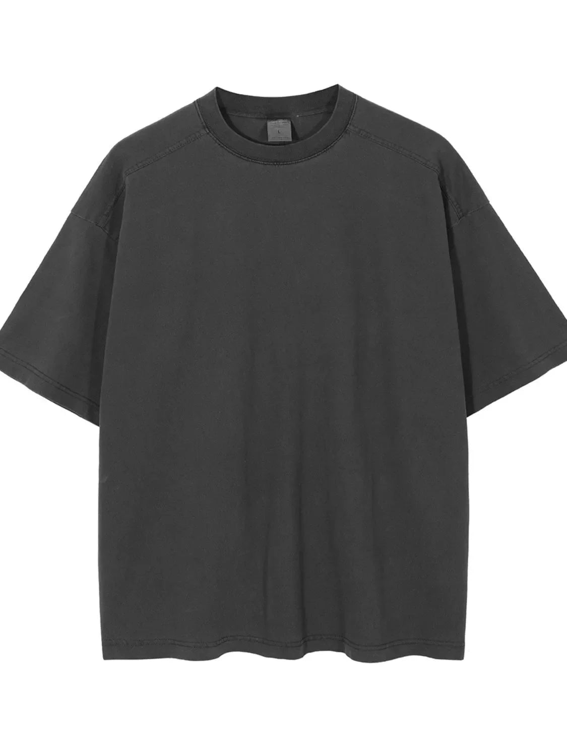 Oversized washed cotton tee in dark gray with a crew neck and short sleeves.
