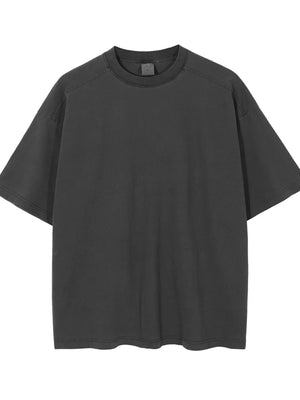 Oversized washed cotton tee in dark gray with a crew neck and short sleeves.