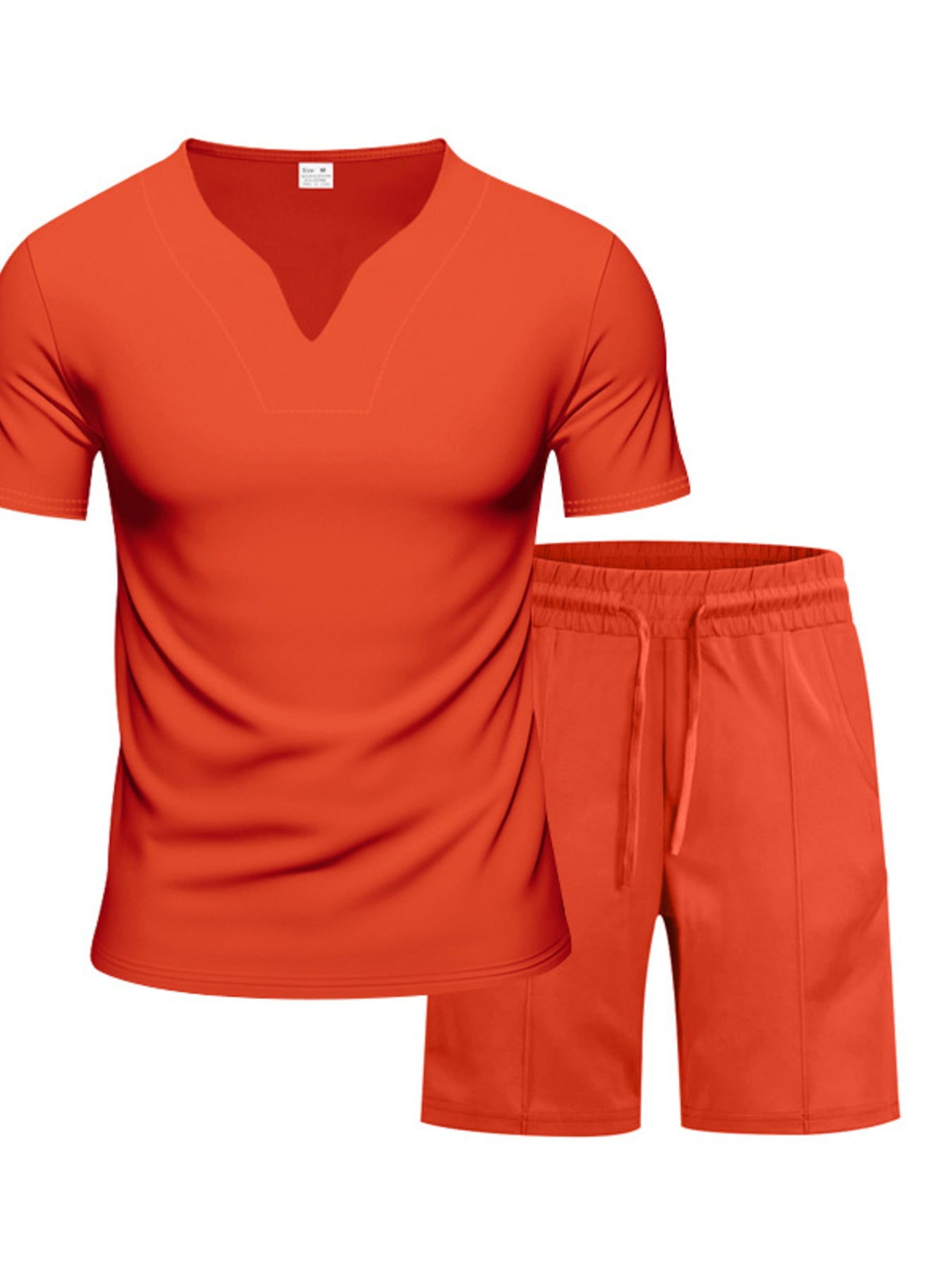 Orange V-neck tee and drawstring shorts set for men, comfortable loungewear.