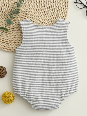 Baby grey and white striped sleeveless one-piece with a round neckline.